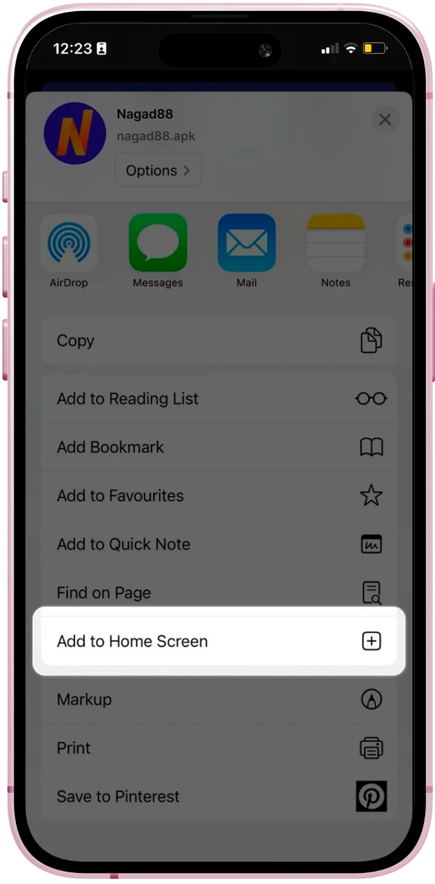 Click on the add to home screen button, confirm the installation of the Nagad88 online casino application on your iOS phone and wait for it to complete.